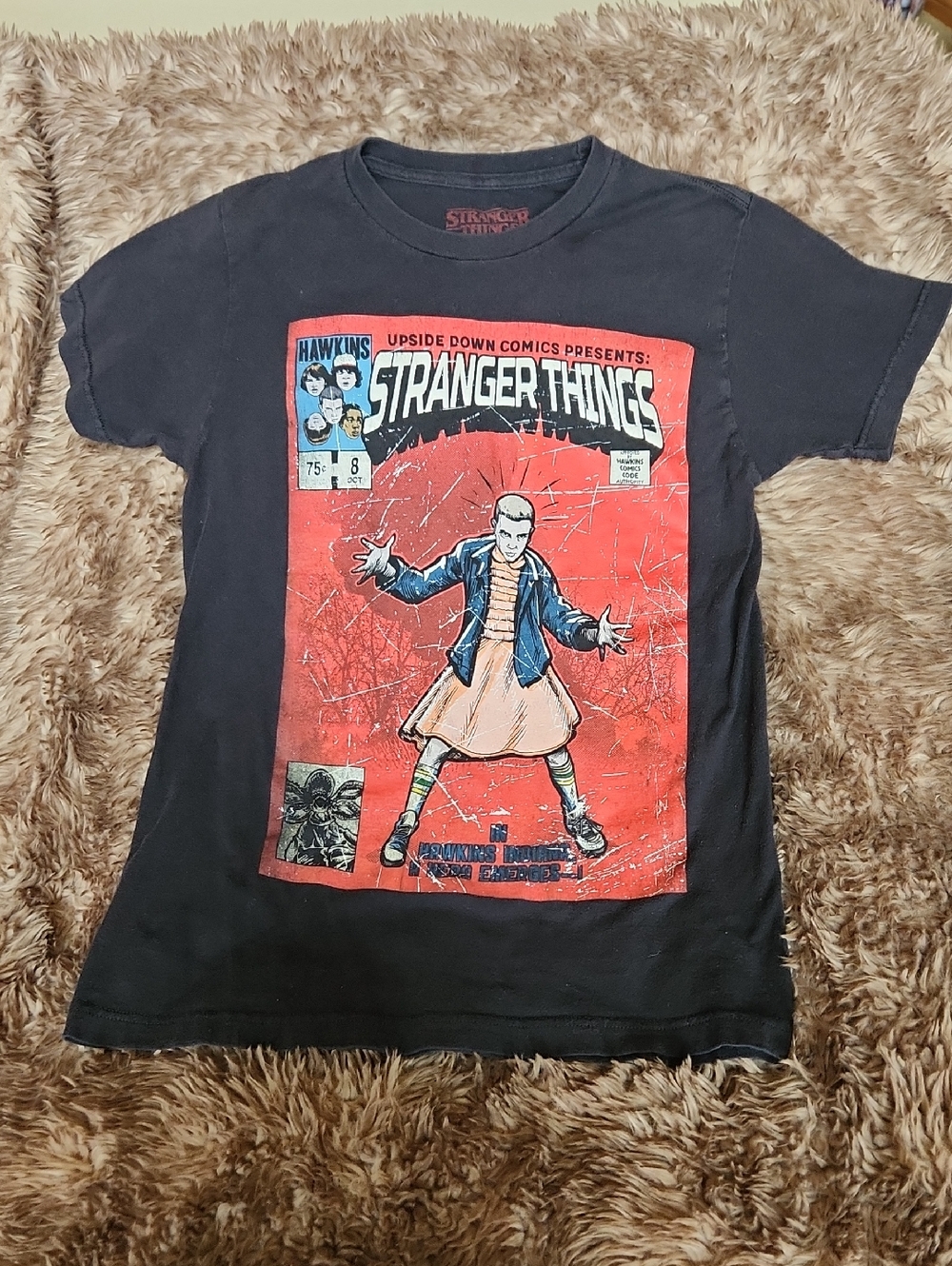 Stranger Things Kids Black Short Sleeve Tee with Red Comic Graphic Sz S/M